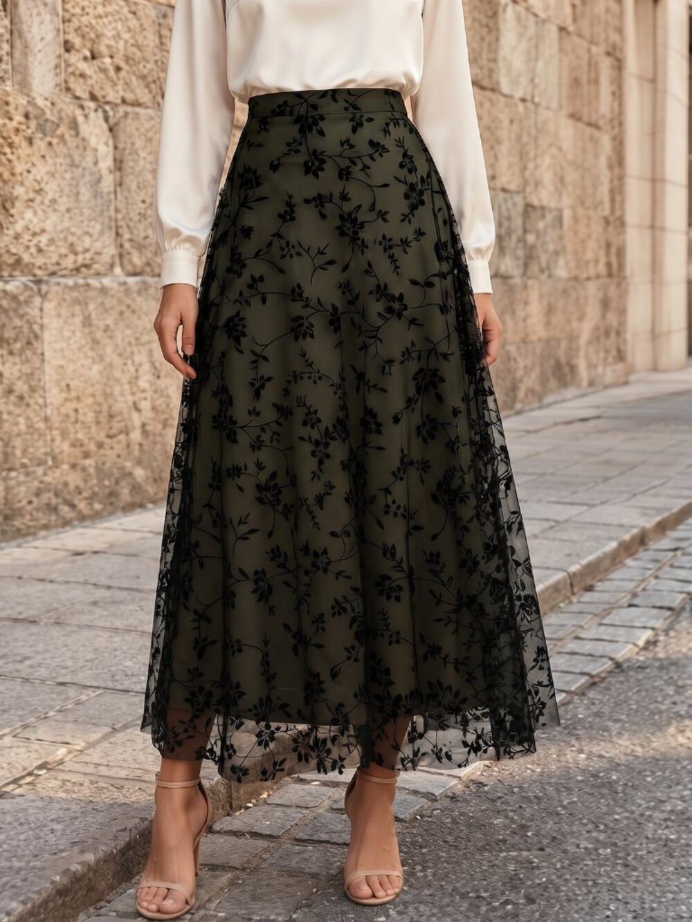 Floral Flocking Tulle Long A-Line Skirt Green